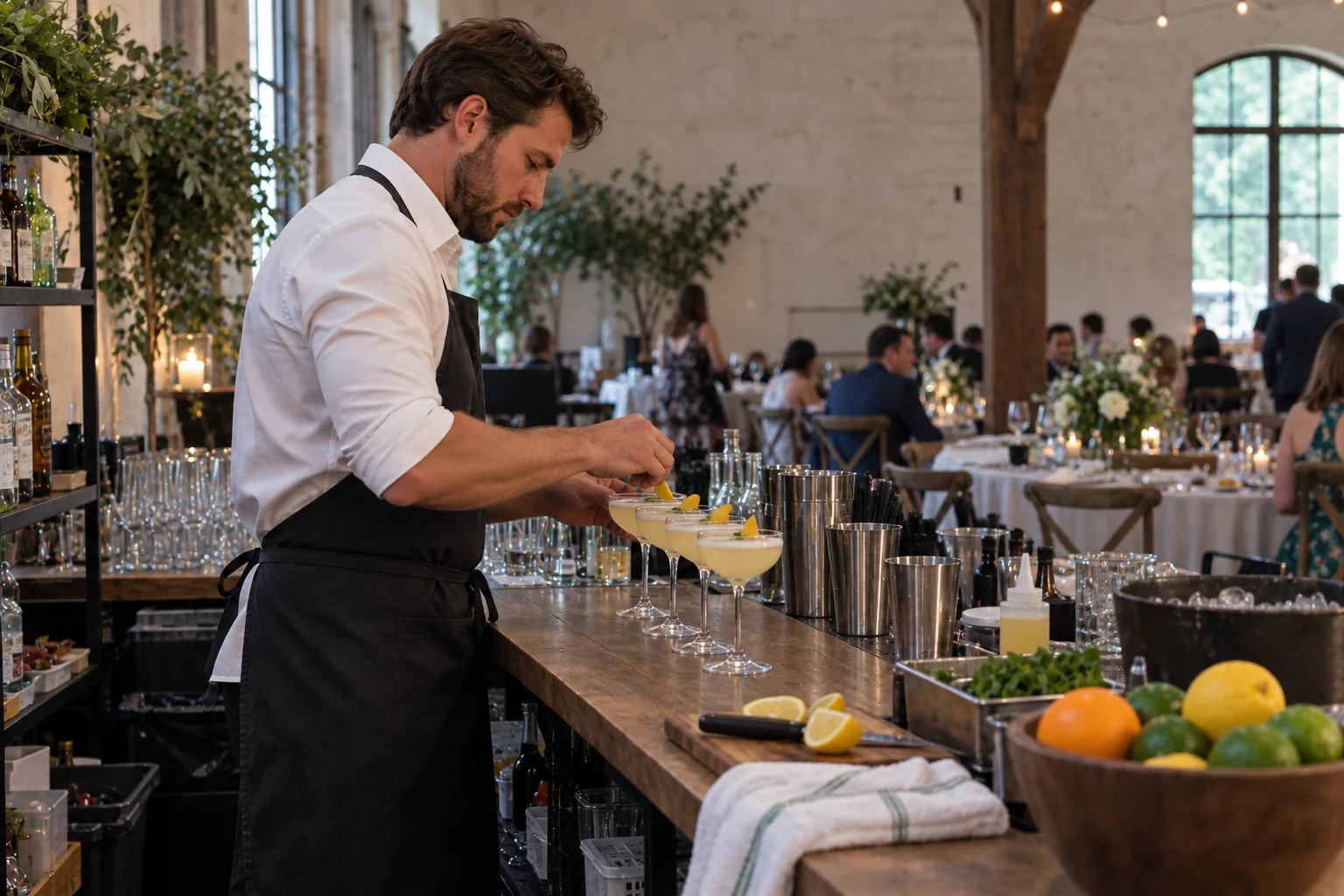 Bartender forbereder cocktails ved en eventbar