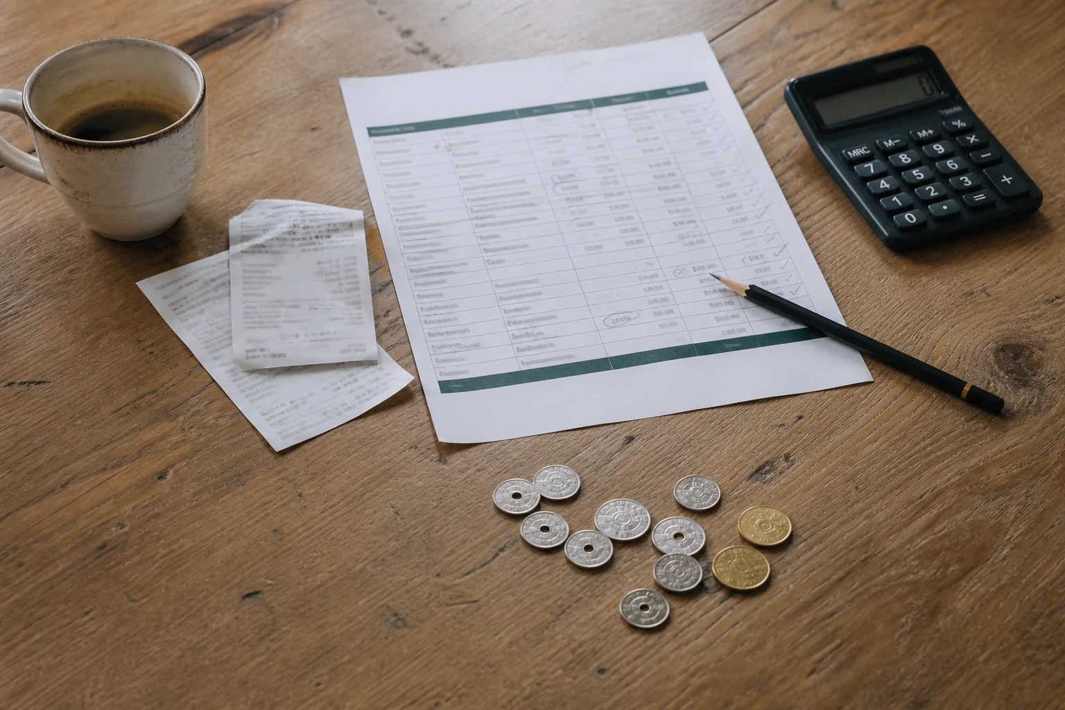 Eventbudget, regnemaskine, kvitteringer og danske mønter på et arbejdsbord