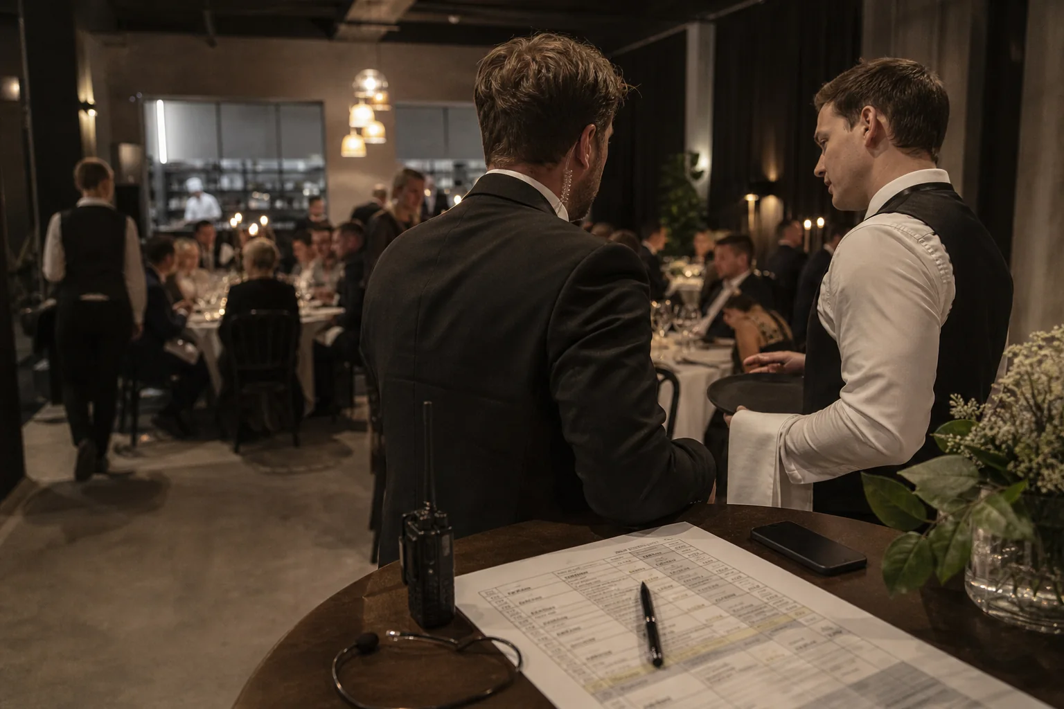 Eventkoordinator med tidsplan og radio under en firmafest
