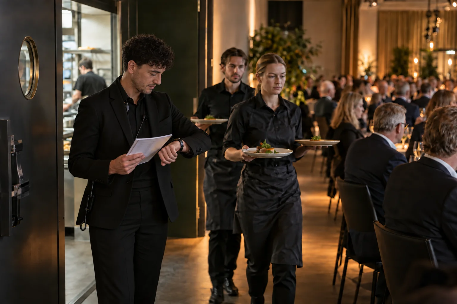 En eventansvarlig koordinerer serveringen under en treretters middag