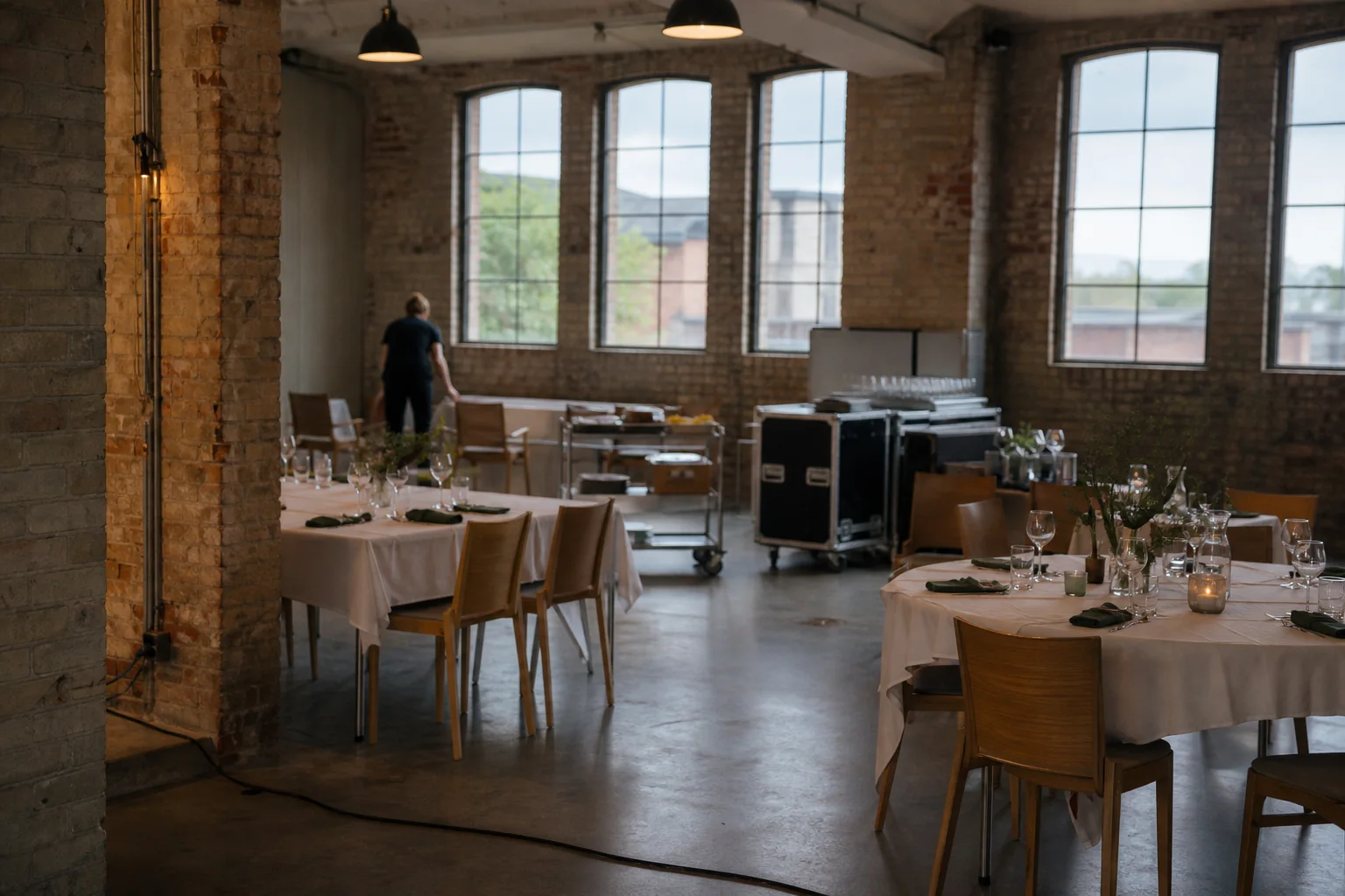 Et eventvenue under klargøring med borde, teknik og personale