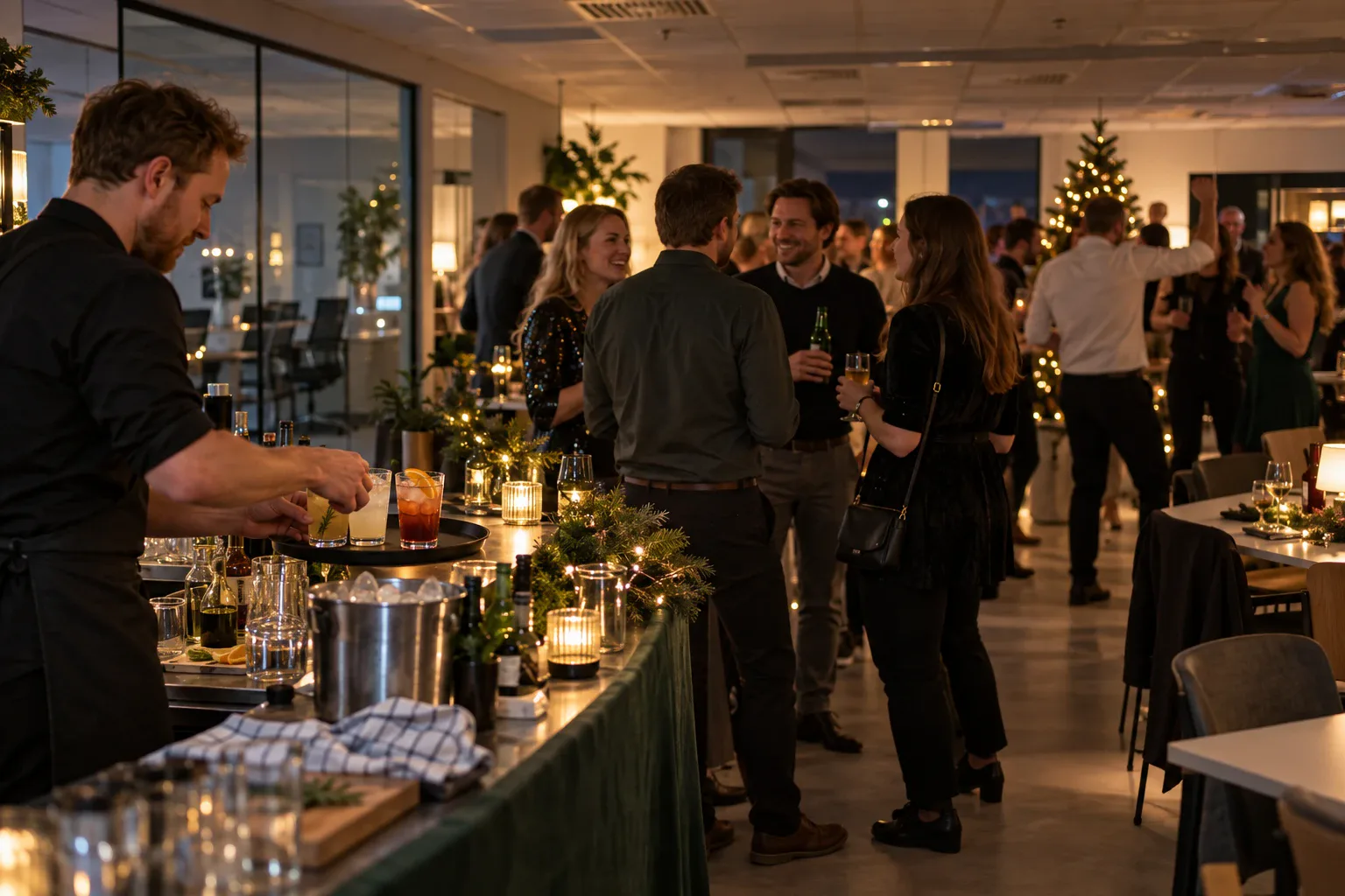 Julefrokost på kontoret: bartender bag en pyntet bar, mens kolleger hygger ved juletræet