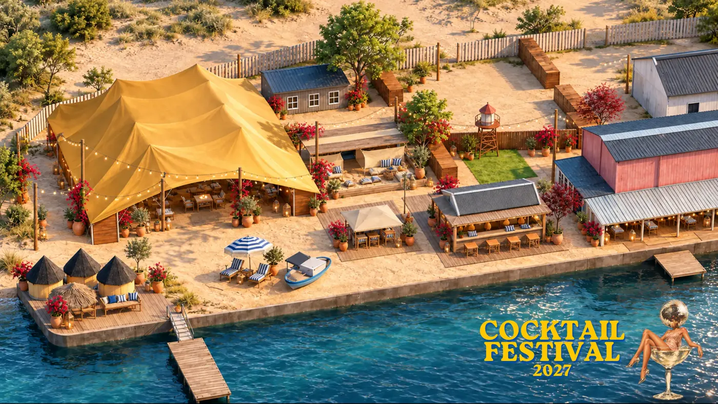 Illustration af Cocktail Festival 2027: festivalplads ved vandet med gult telt, barer, lounge og badebro