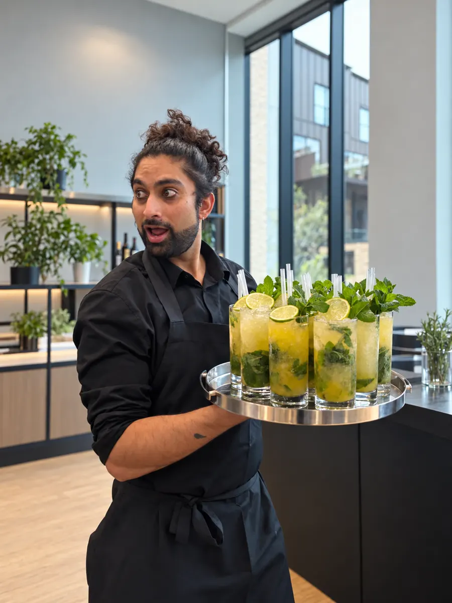 Shawn i sort skjorte og forklæde med en bakke fuld af mojitos